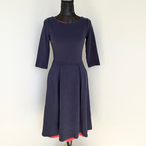 Boden Dresses & Skirts - Boden‎ Fit & Flare Dress 3/4 Sleeve Pleated Back Zip, Women US 6R Navy Blue